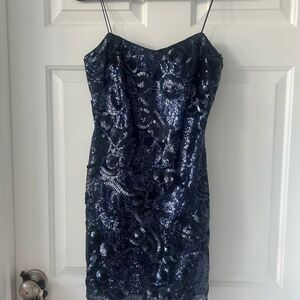 Aiden Sparkly Sequin Design Cocktail Dress Spaghetti Straps Celestial Blue
